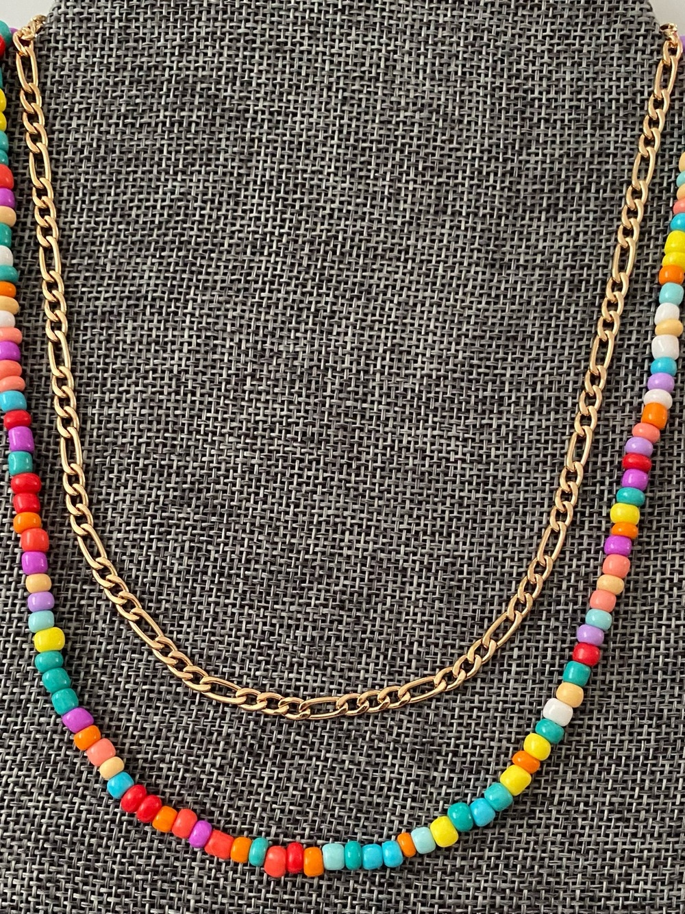 Gold Chain Layered Necklace with Multicolor Beads
